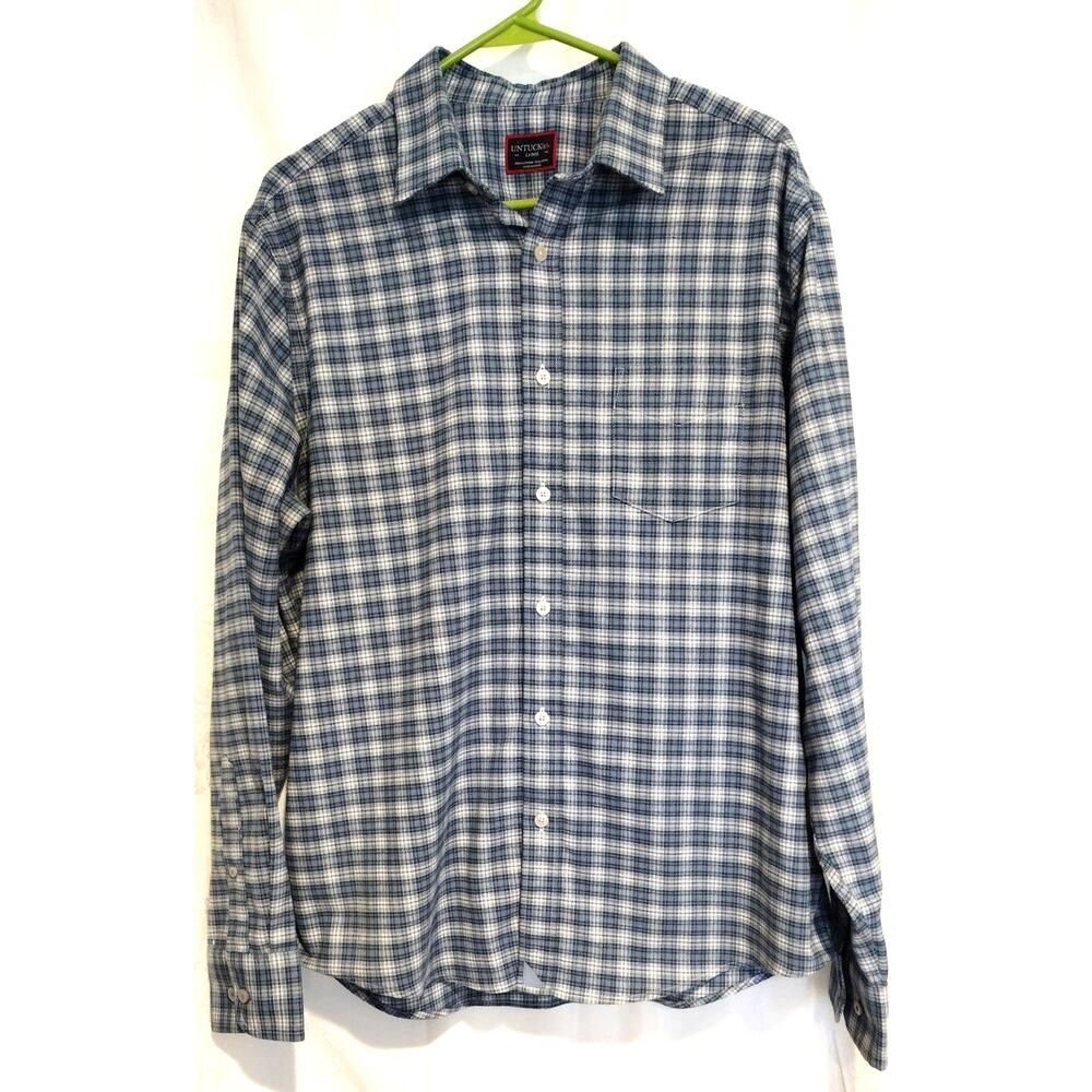 UNTUCKit Large Men's Flannel Blue Gray Plaid Shirt Workwear Outdoor Streetwear